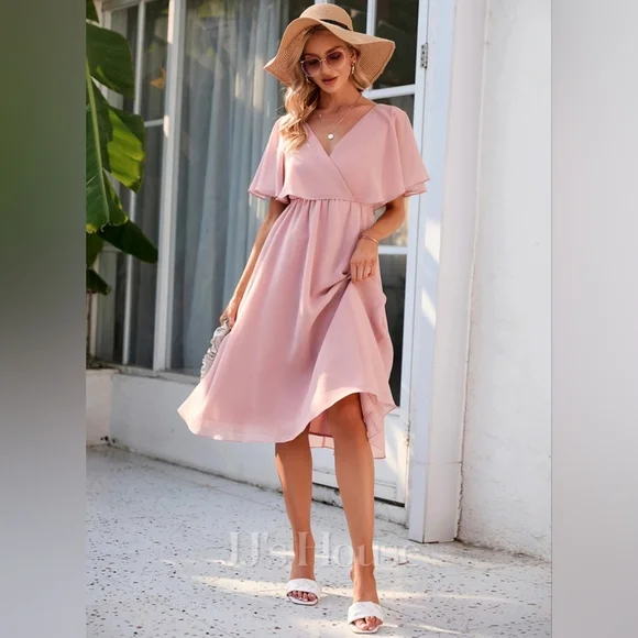 New JJ's House V-Neck Chiffon Lace Up Back Midi Dress in Pink Size Large - Picture 2 of 7